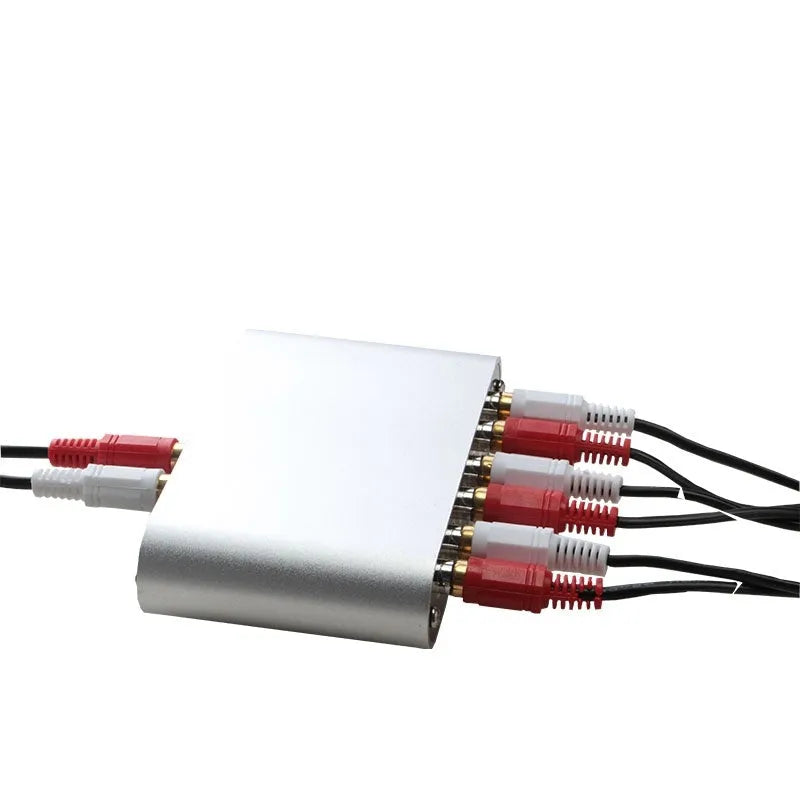 Silver aluminium HIFI audio source switch selector with remote control for 3 in 1 out routing.
