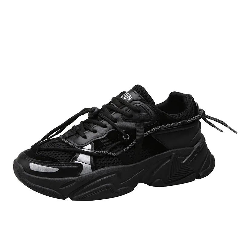 Men's white Korean-style platform dad shoes with a lace-up front on a grey background.