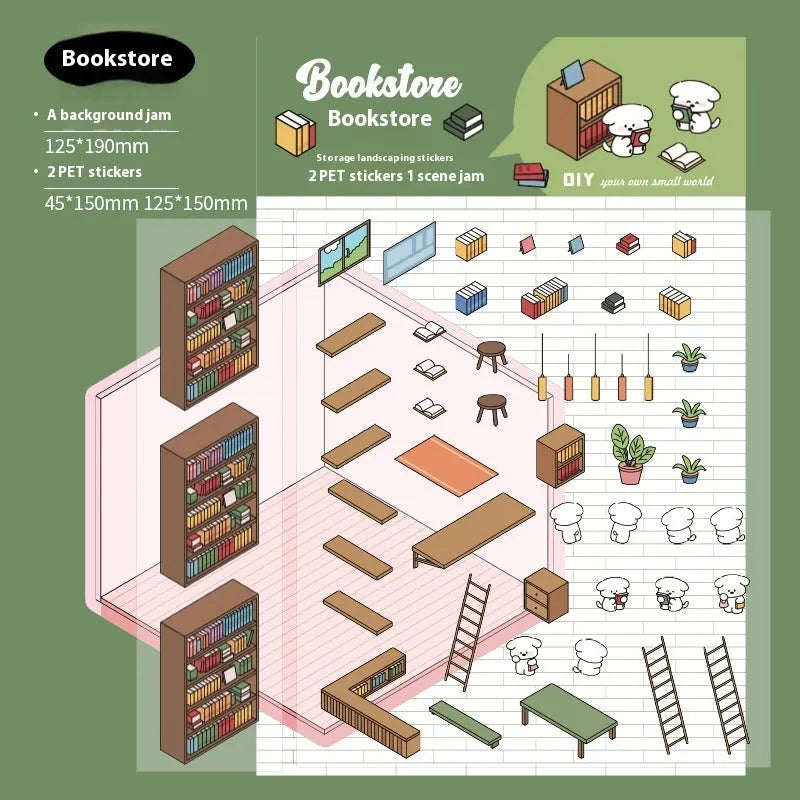 Capabala cut-free PET cartoon stickers showing eight different scene designs including a pink restaurant and a blue fruit shop