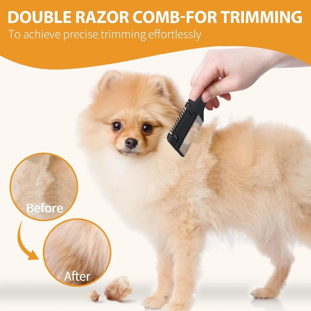 Silver aluminium pet razor comb with comb teeth and trimming blade for dog and cat grooming