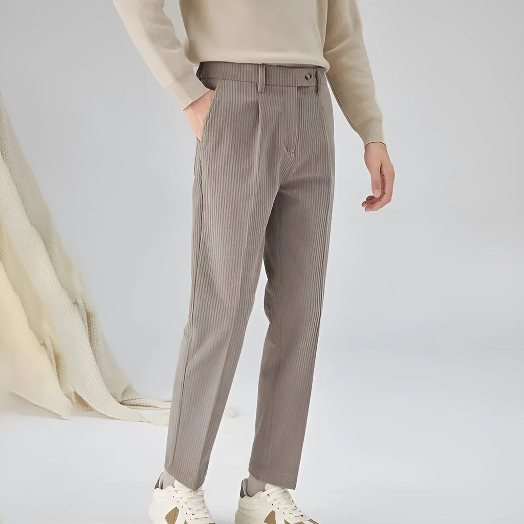 Corduroy straight-leg trousers in black, beige, and brown grey colours with micro elastic fabric