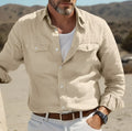 Men's loose fit long-sleeved summer shirt in cotton linen fabric showing green colour option