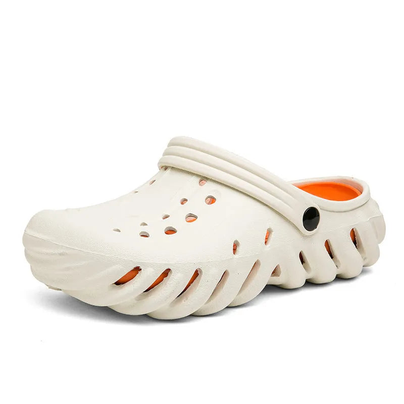 Men's beige EVA slipper sandals showing hollow-out design and non-slip sole pattern.