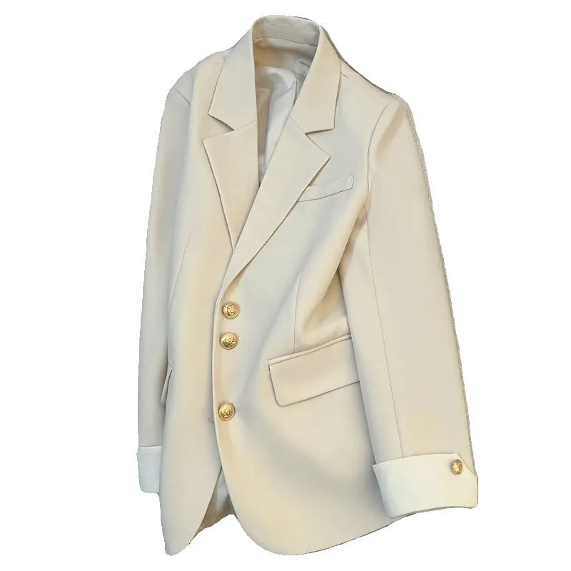 Korean style loose fit women's coat in milky white, mid-length with long sleeves and pockets.