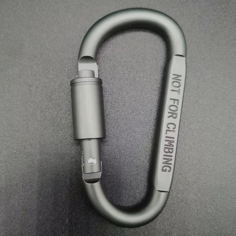 D-type aluminium locking climbing carabiner with screwgate, shown in a bright colour on a grey background.