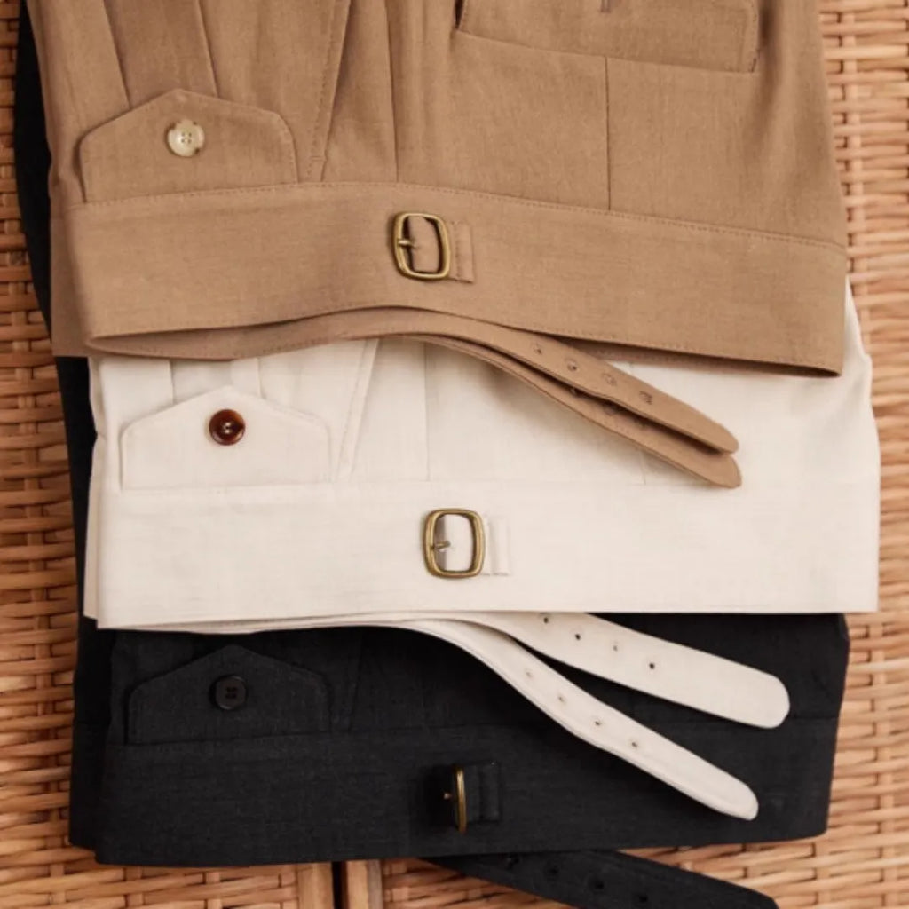 Men's slim fit business trousers in dark grey, light brown, and light apricot colours