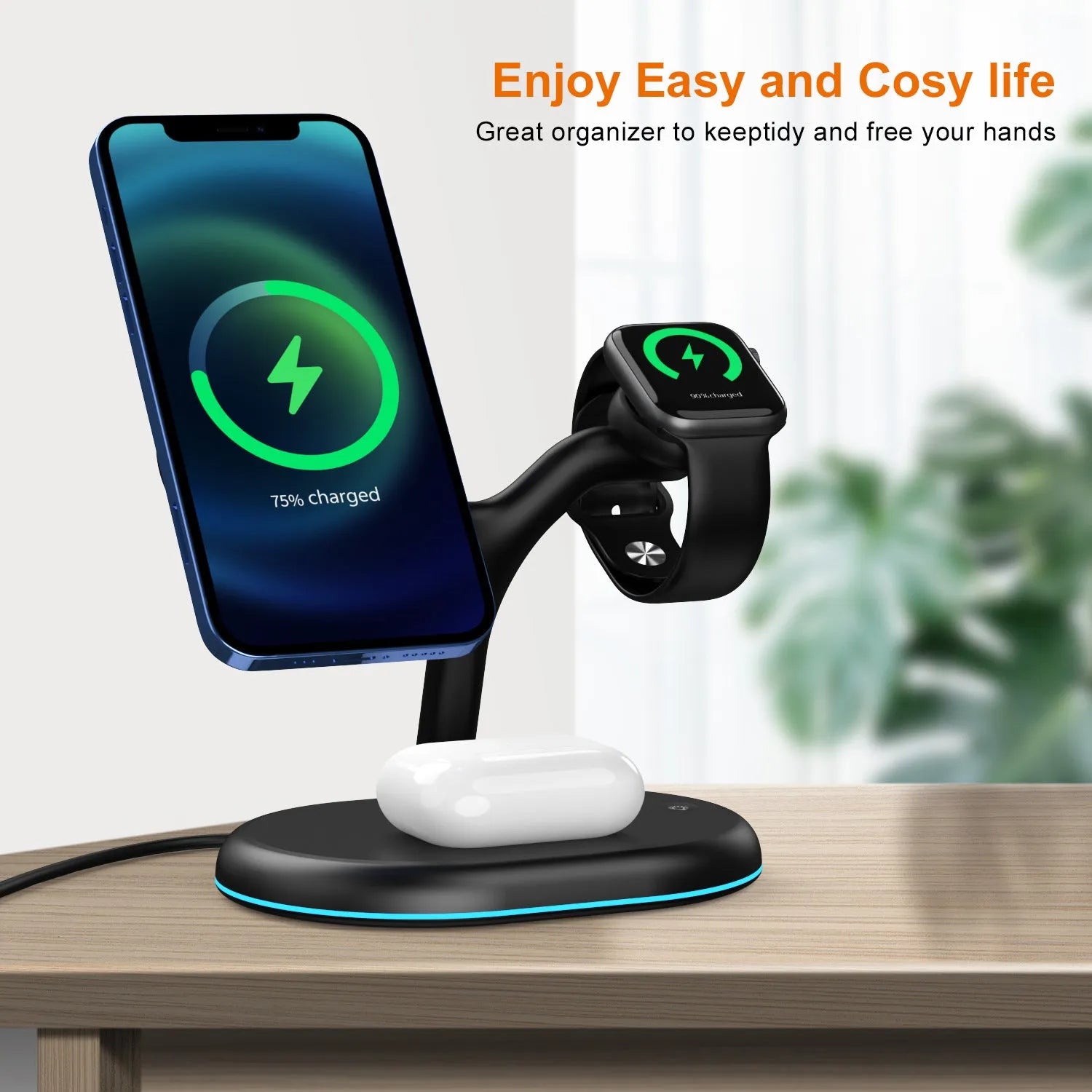Black minimalist magnetic wireless charger for iPhone MagSafe on a table.