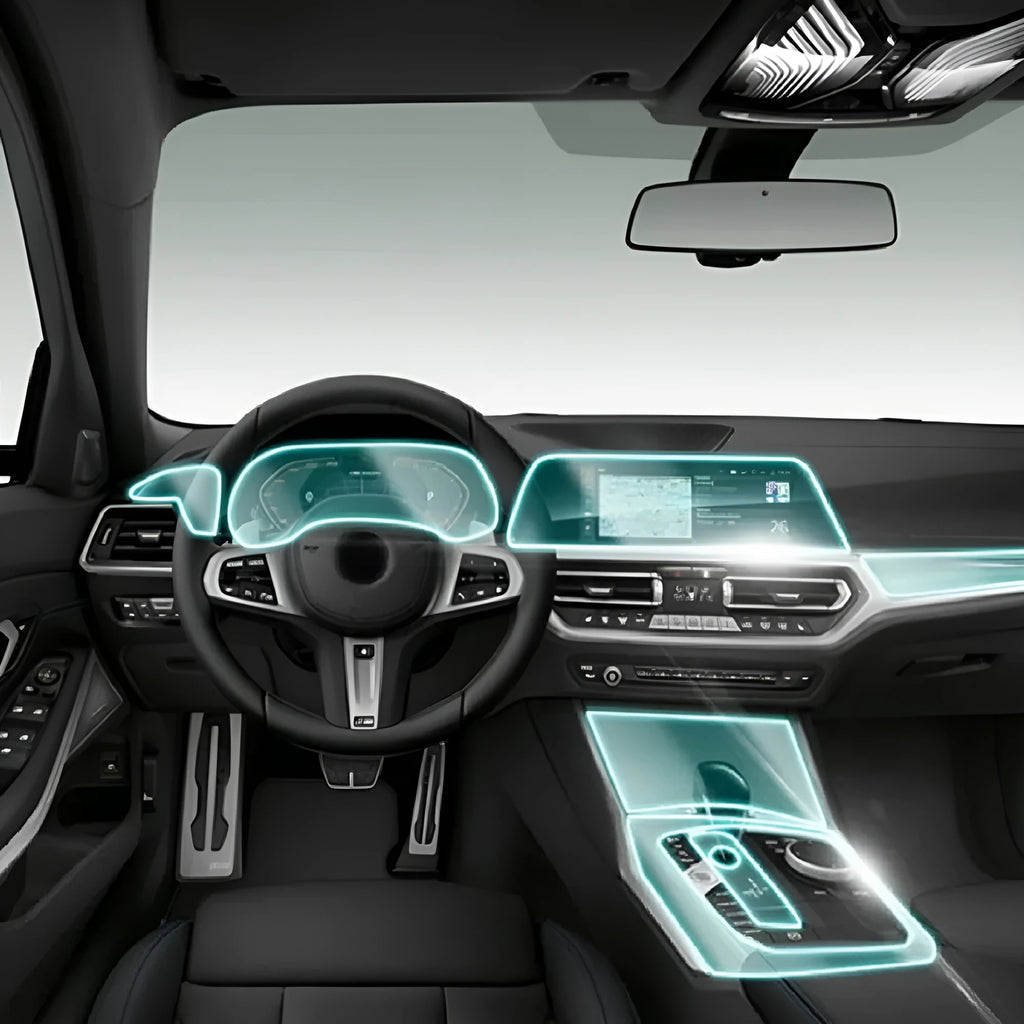 Transparent TPU protective film kit for BMW 3 Series centre console and dashboard.