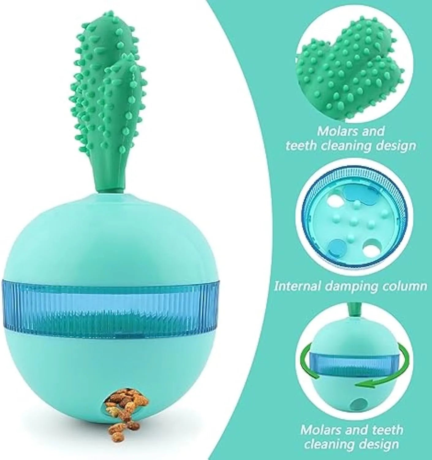 Blue and green durable rubber treat dispensing dog toy ball with small holes for medium large dogs