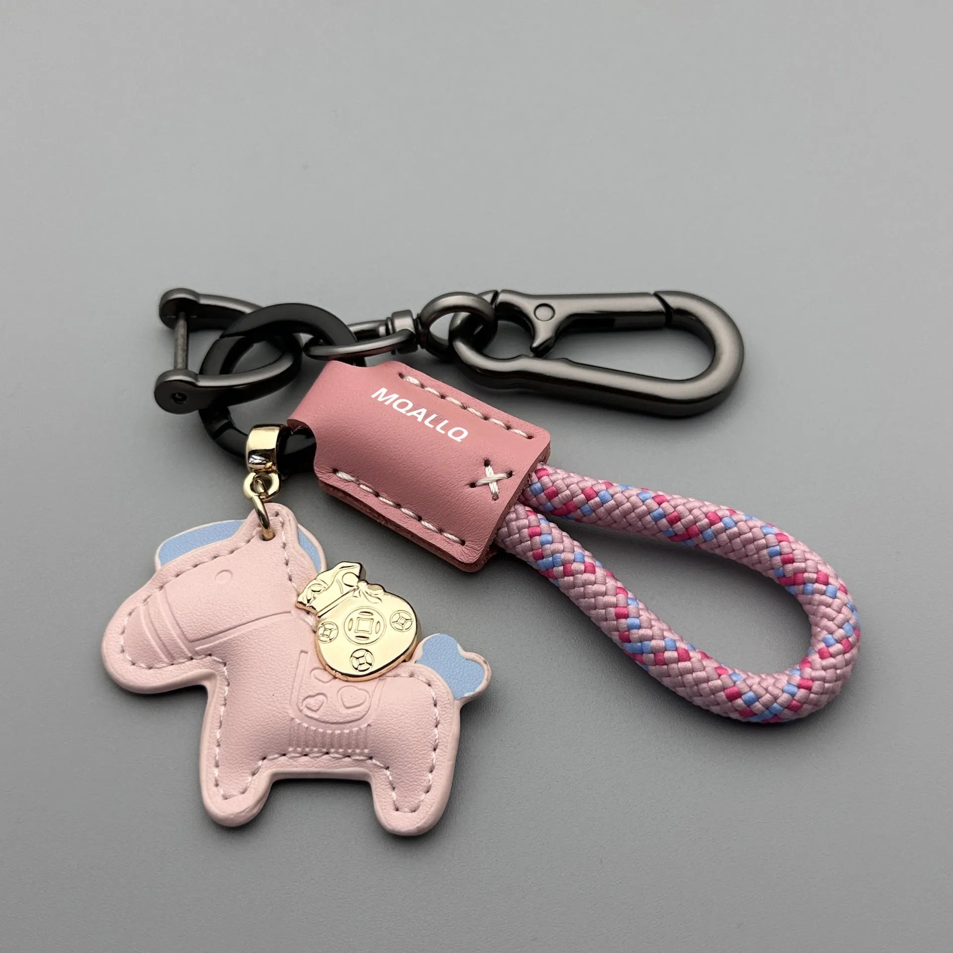 Cowhide car key ring pendant with zinc alloy pony belt buckle on flanelle rope in various colour options