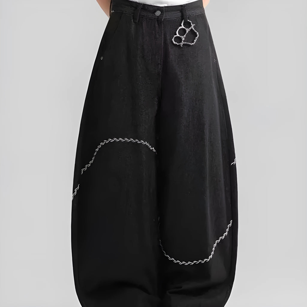 Black straight-leg denim trousers with mid waist design and zip placket closure for teenage daily wear