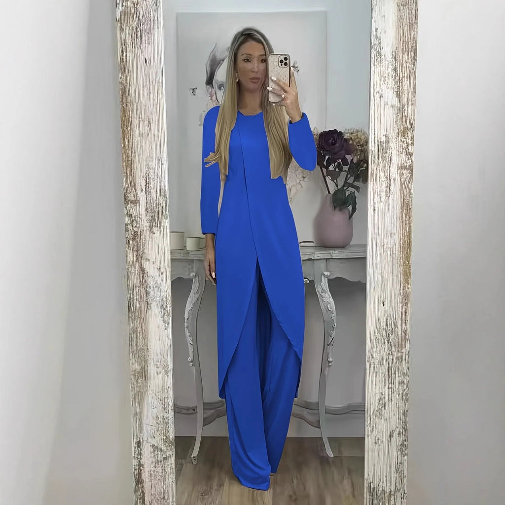 Casual long sleeve two-piece set with loose round neck top and matching trousers in polyester