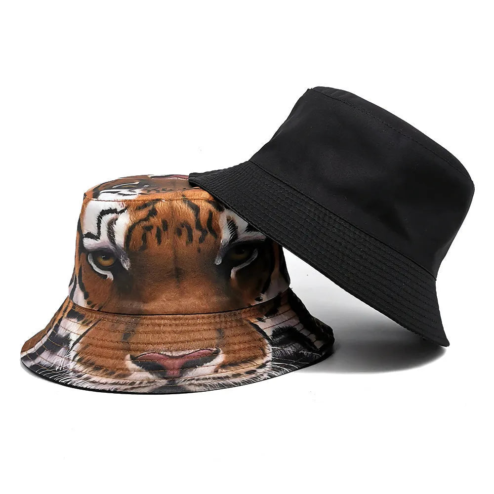 Tiger pattern polyester bucket hat with dome crown in khaki or black colour, size M fits 56-58cm