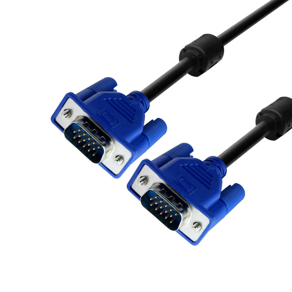 Black VGA cable with blue moulded connectors, 1.5 metres long for monitor and TV connections