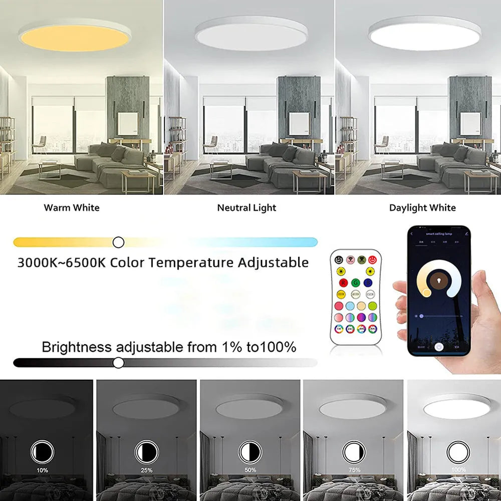 Circular black intelligent ceiling lamp with RGBCW LEDs, showing colour change and dimming via mobile APP.