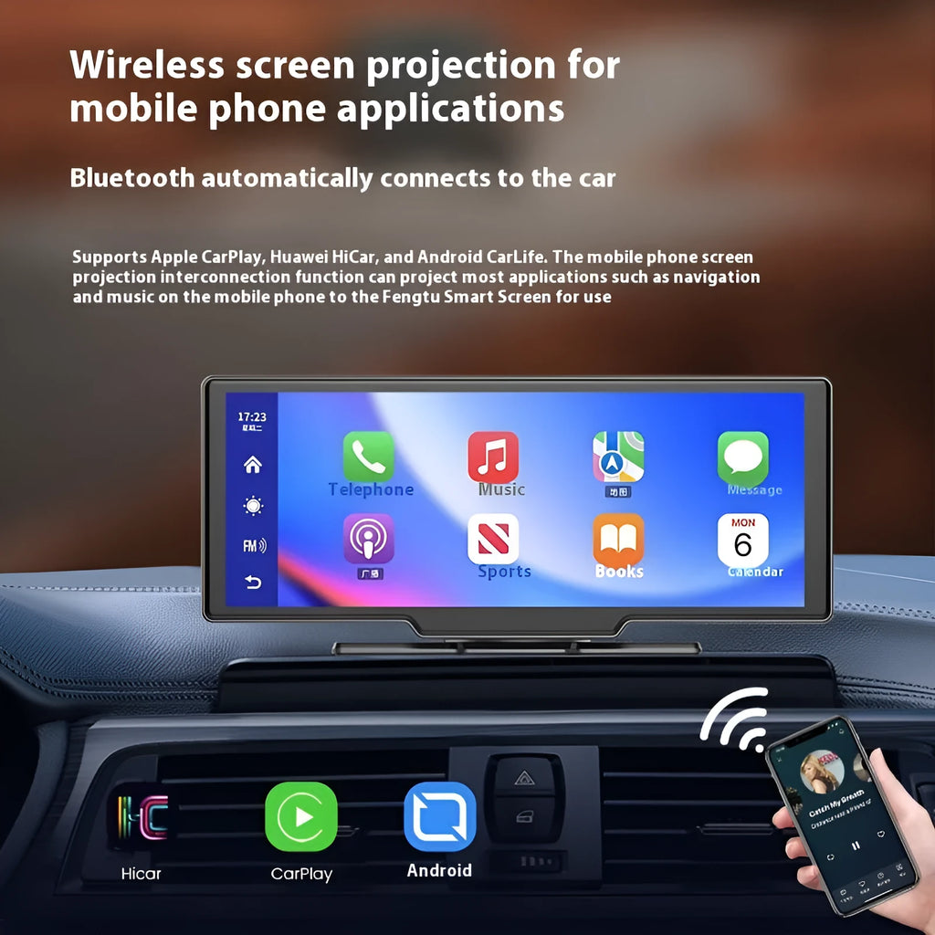 10-inch car smart screen with CarPlay, driving recording and navigation on dashboard