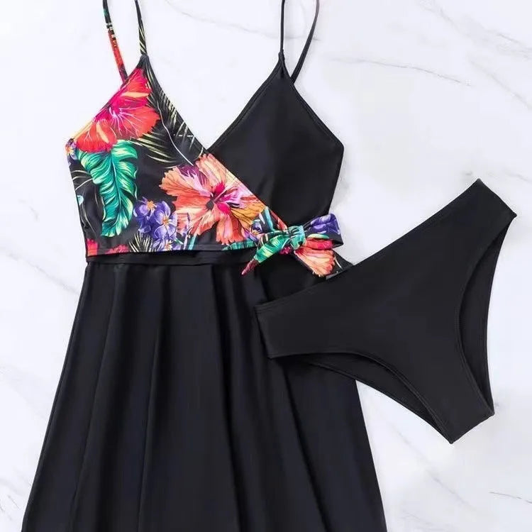 Black women's high-waist briefs with a printed split bikini design for sports and swimming.