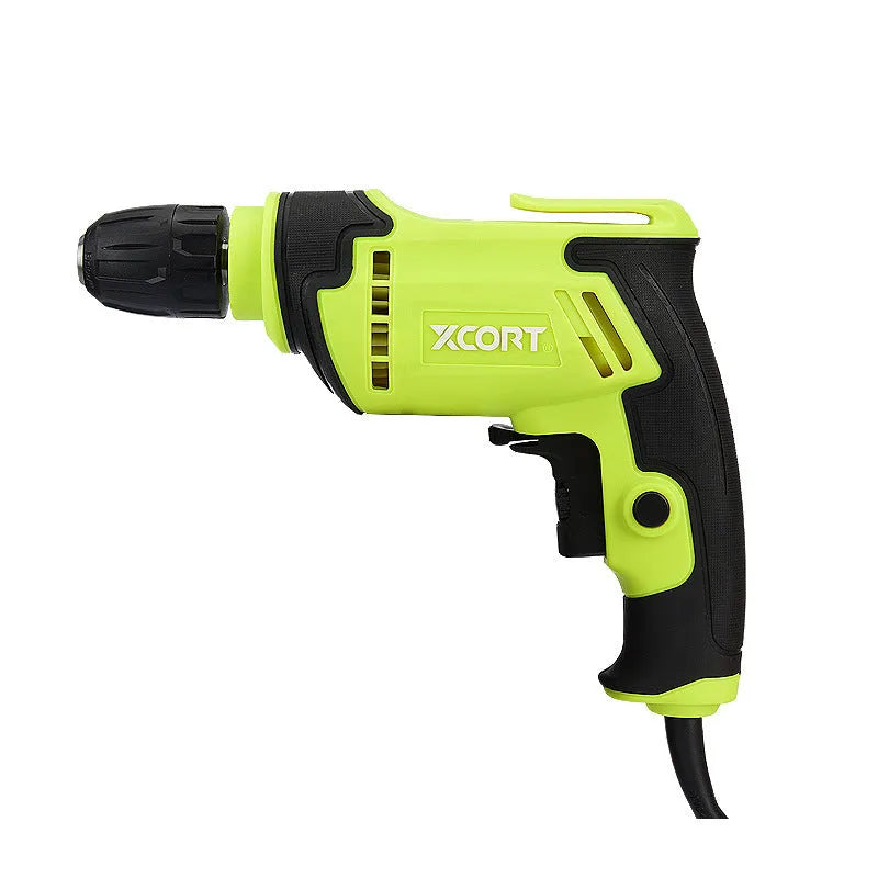Black and silver pistol grip electric drill with a 10mm chuck on a workbench.