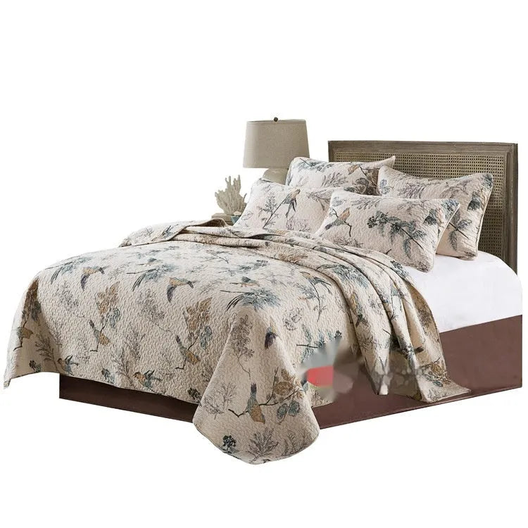 Quilted cotton bed cover three-piece set with printed patterns for 1.5-1.8m beds