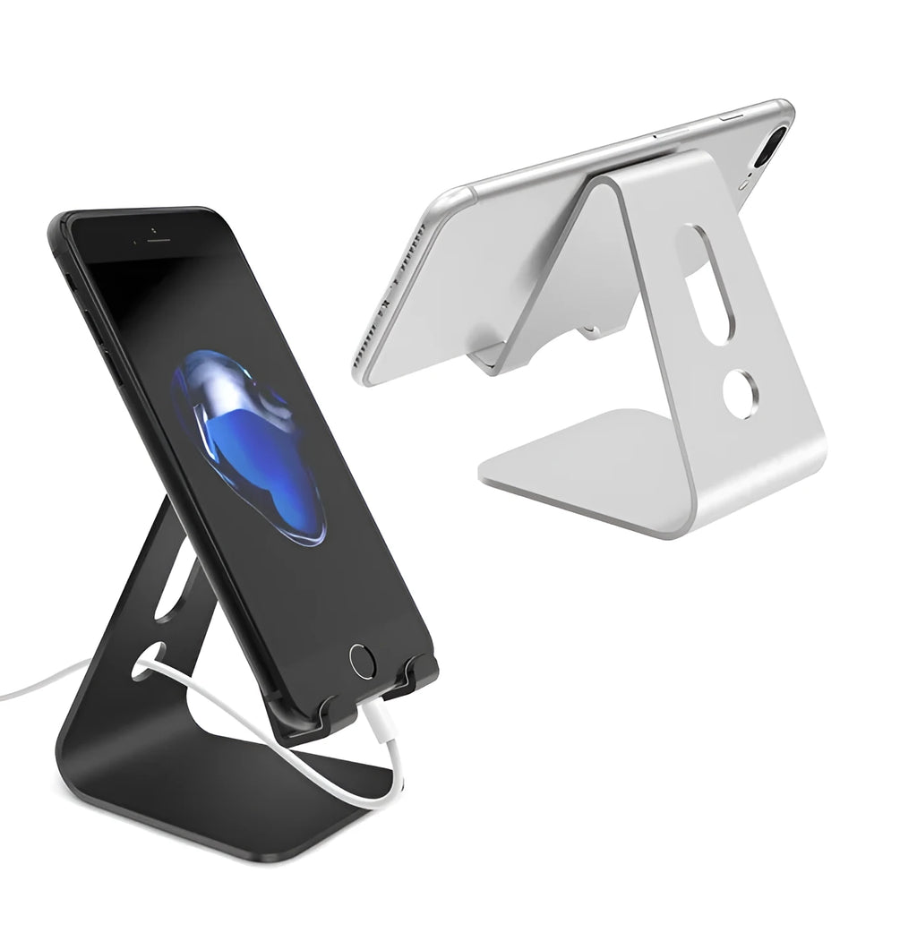 Aluminium universal stand holding a smartphone and a tablet at an adjustable angle.