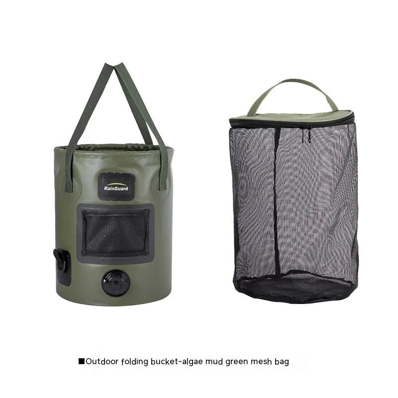 Portable folding fishing bucket in various colours with 25 litre capacity and optional mesh net pocket