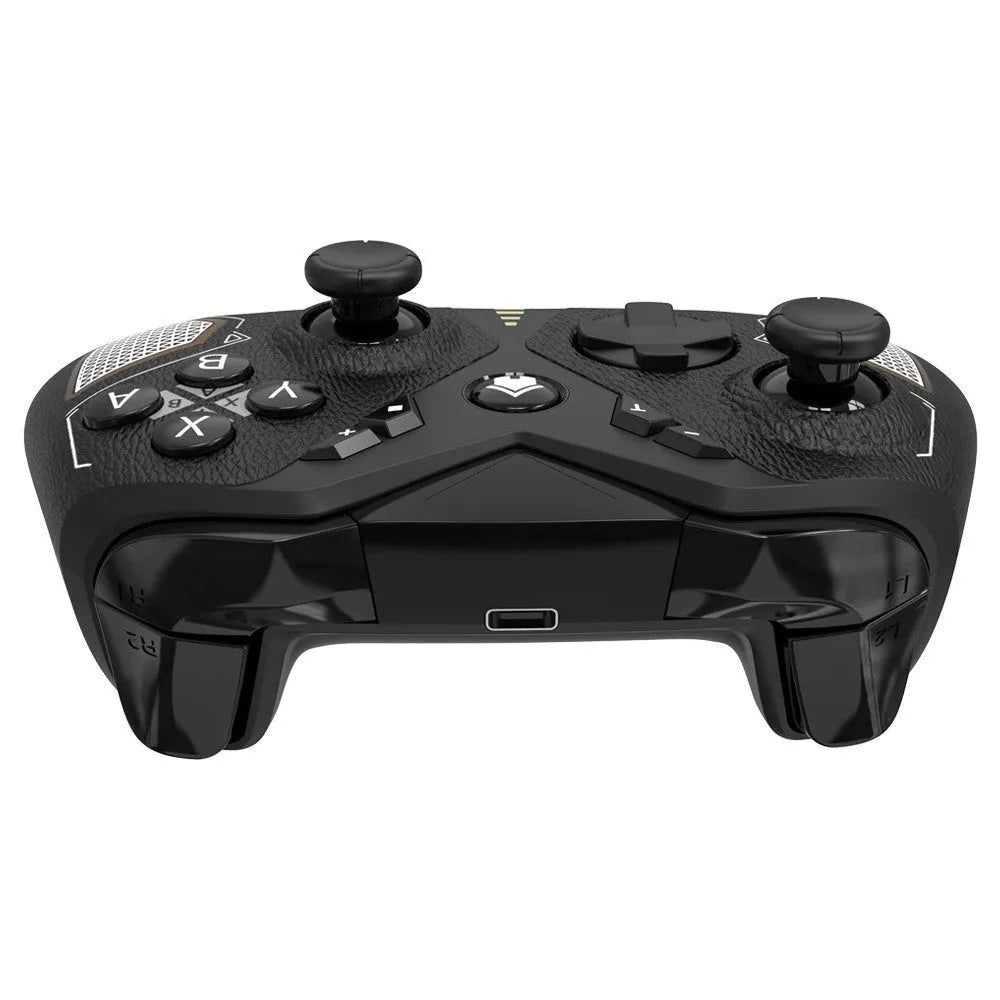Black wireless Nintendo Switch controller with leather pattern texture on ABS plastic body