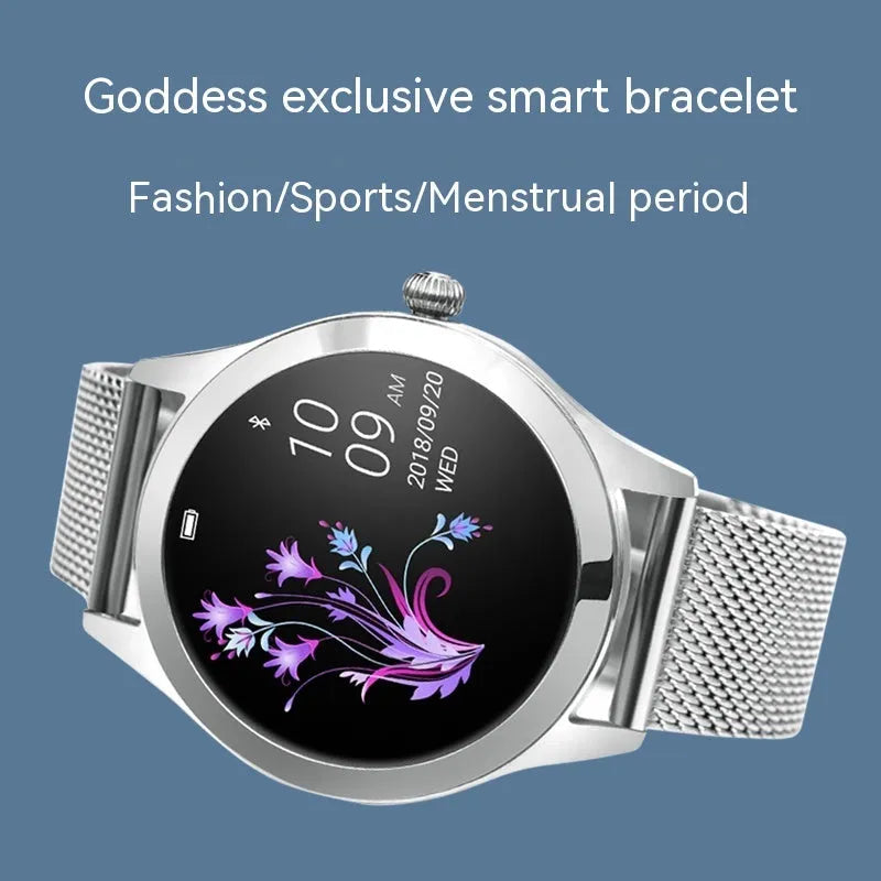 Women's multi-functional sports smartwatch showing heart rate monitoring and four colour options