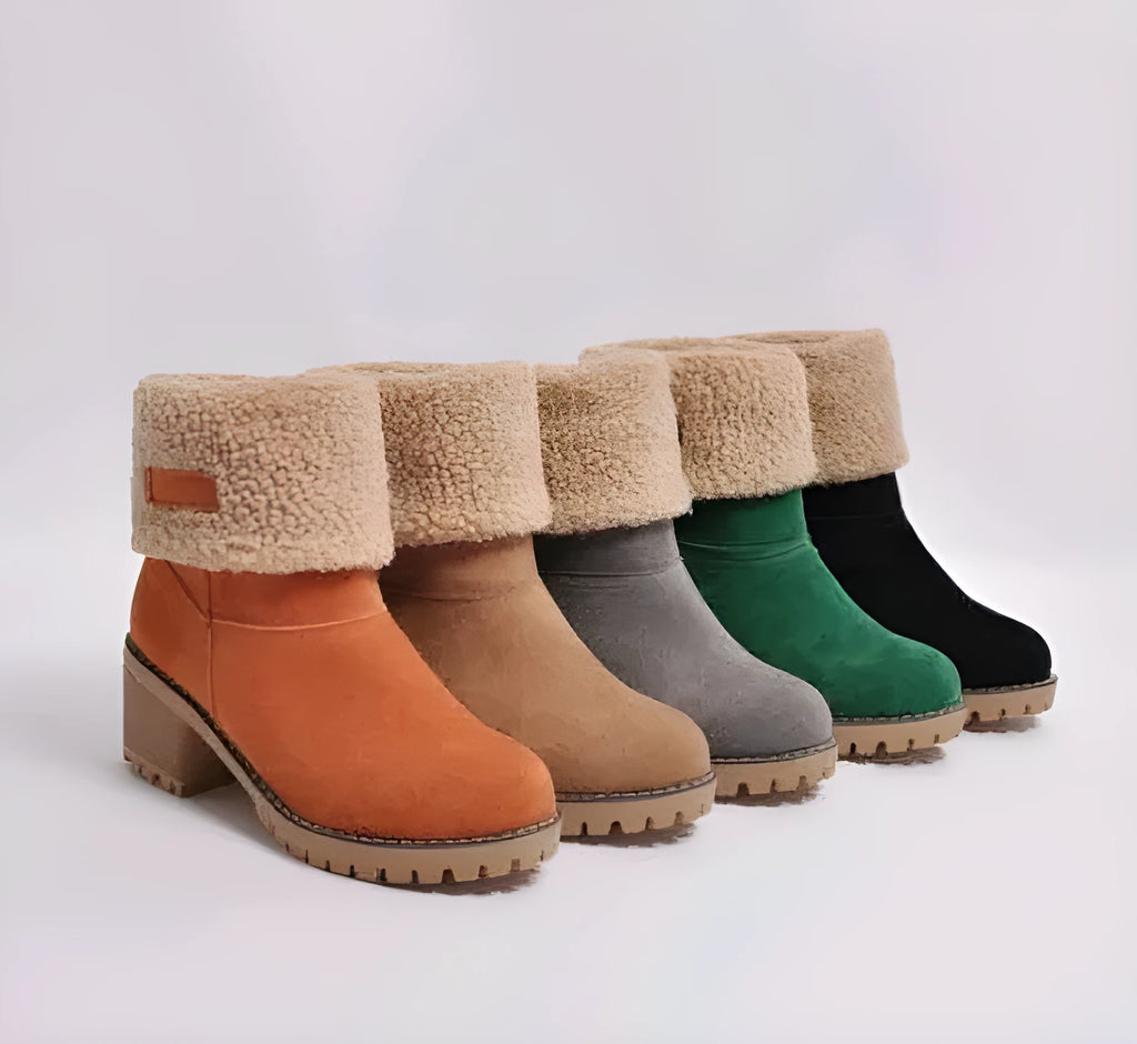 Women's mid-tube suede snow boots in green with a round toe and thick sole.
