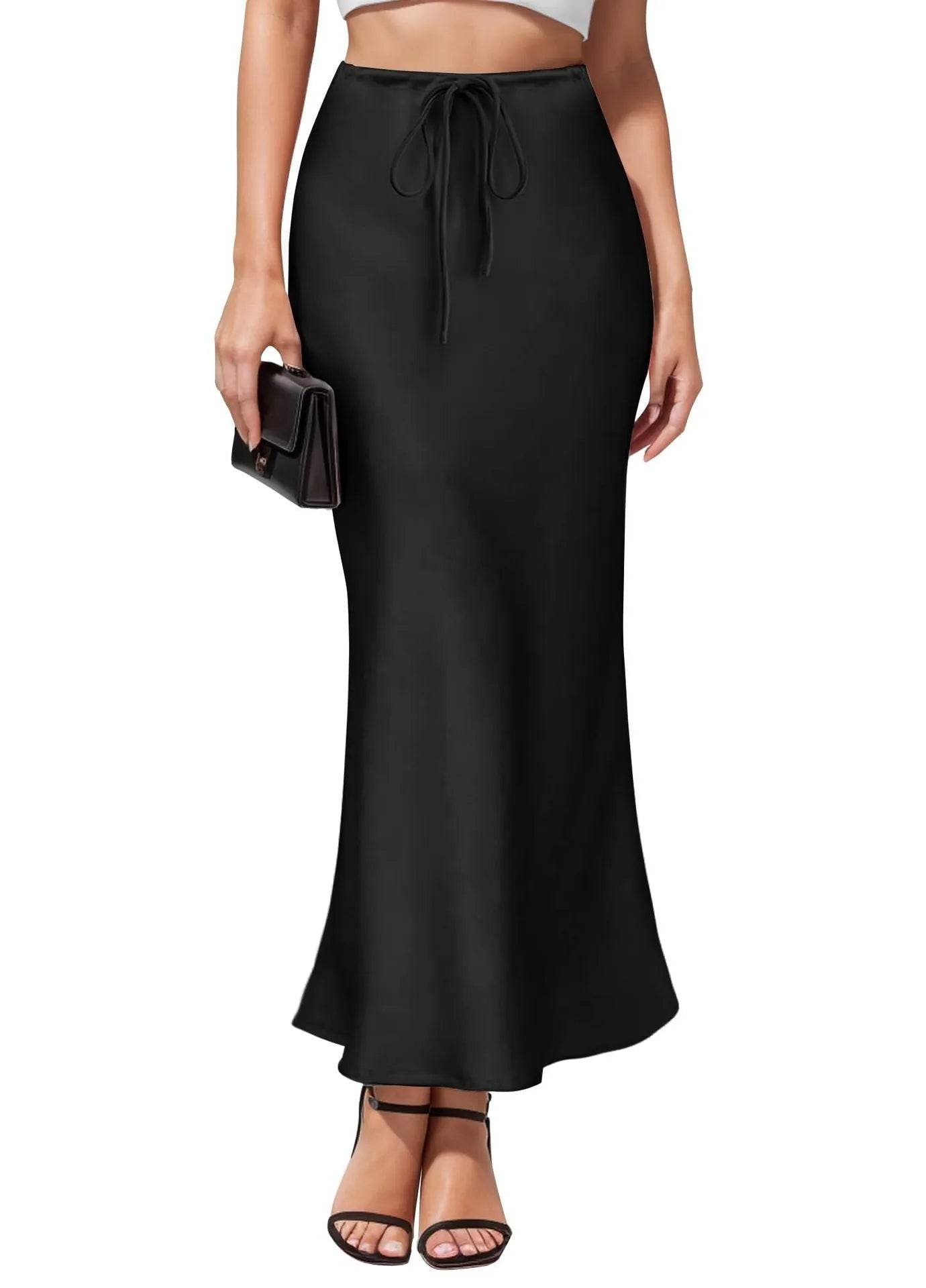 Asymmetric acetate satin skirt with high waist and irregular hemline stitching in six colour options
