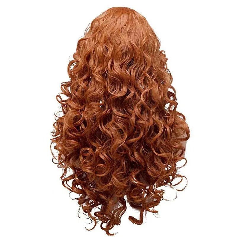Brown long wavy curly synthetic wig with net cap for Halloween and cosplay