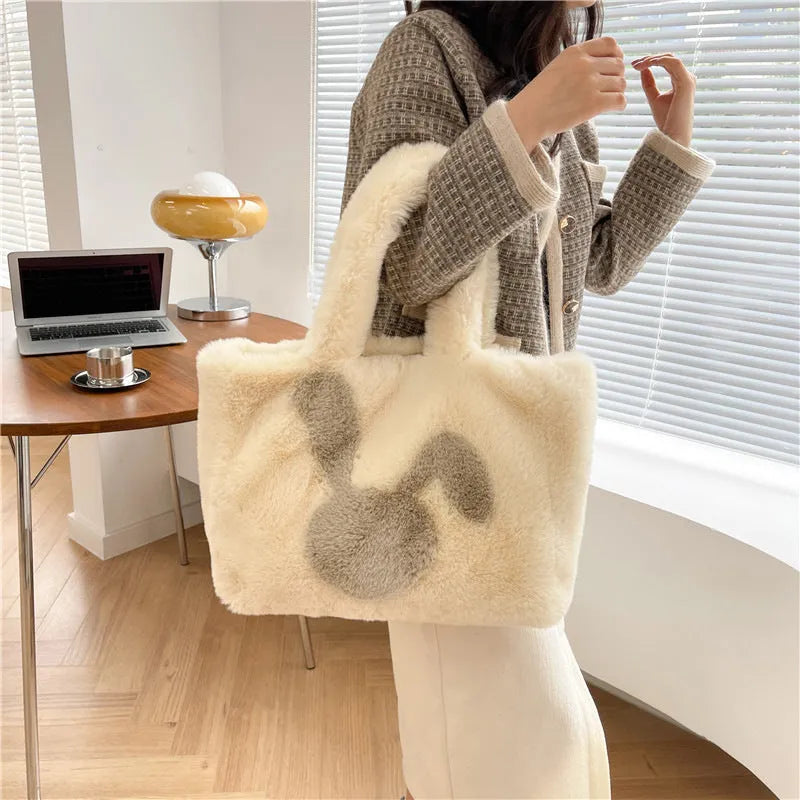 Plush tote bag with rabbit ears in solid colour with large capacity shoulder strap
