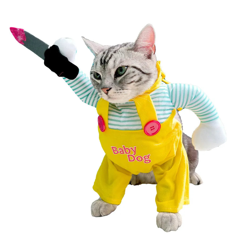 Yellow knife assassin costume clothing for cats on pet model showing design details