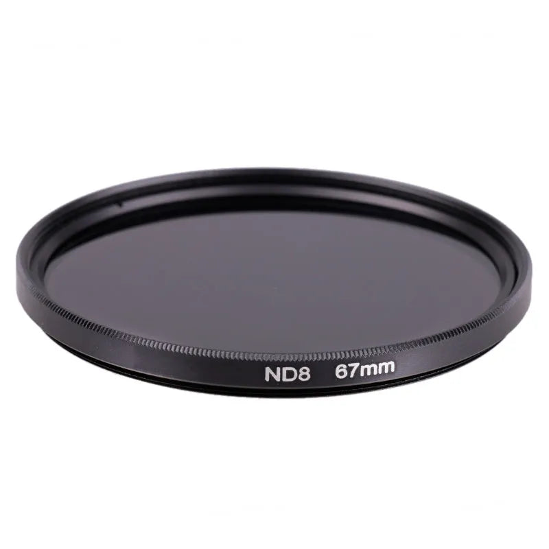 ND8 camera filter with aviation aluminum frame showing thread sizes from 49mm to 82mm
