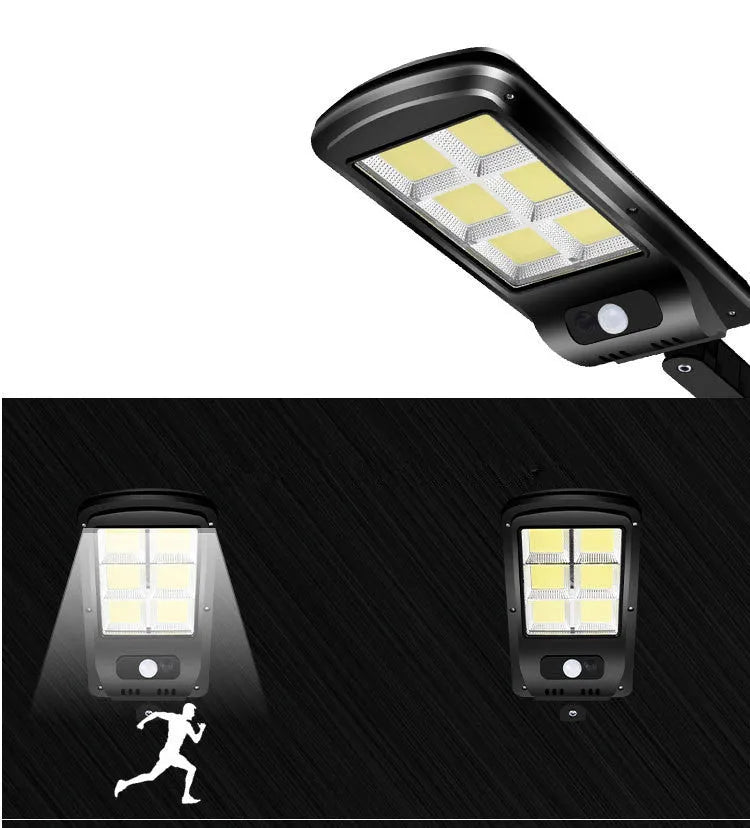 Black outdoor solar motion sensor light for garden or pathway mounting.