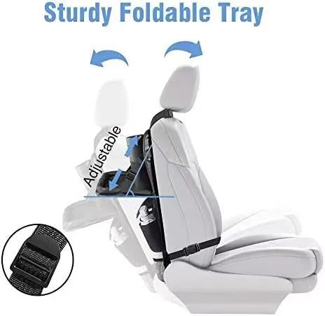 Black Oxford cloth car seat back storage bag hanging on vehicle seat