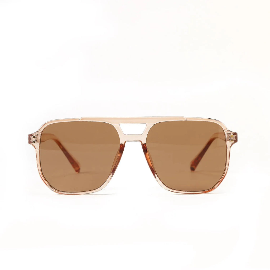 Women's square double beam fashion sunglasses with full-frame design in multiple colour options including bright black and light tea