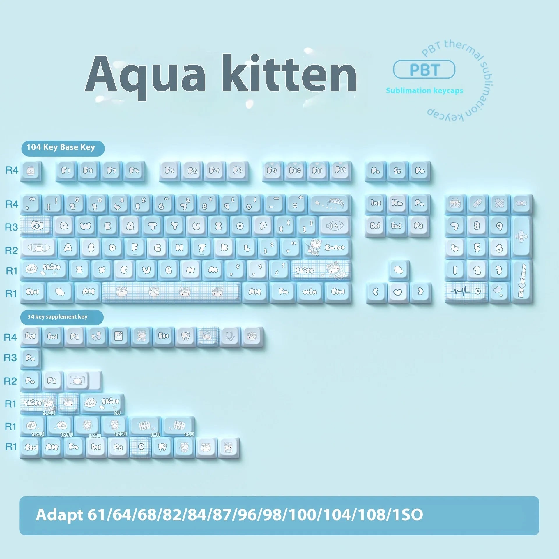 Watercolor kitten themed custom mechanical keyboard keycaps with sublimation printing on PTB material