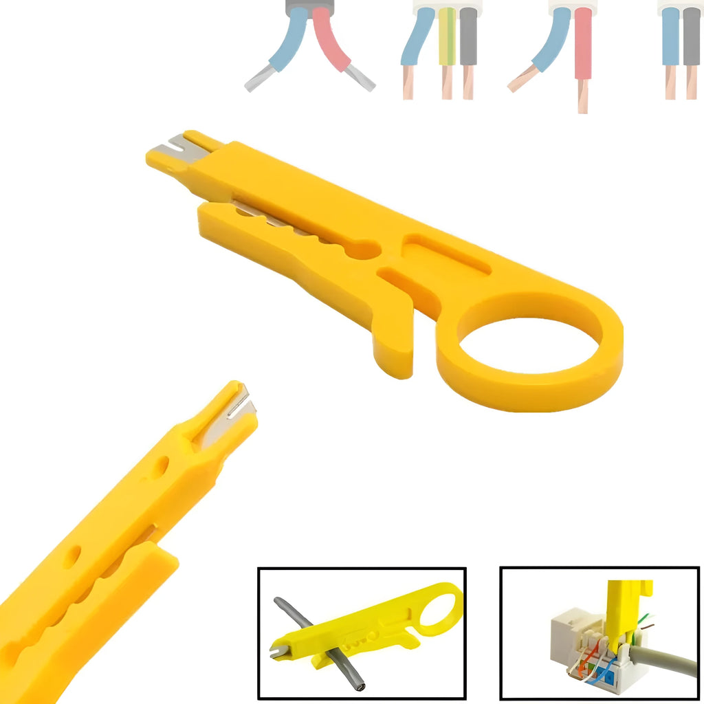 Yellow mini portable wire stripper tool showing 0.6mm stripping diameter for electrical work