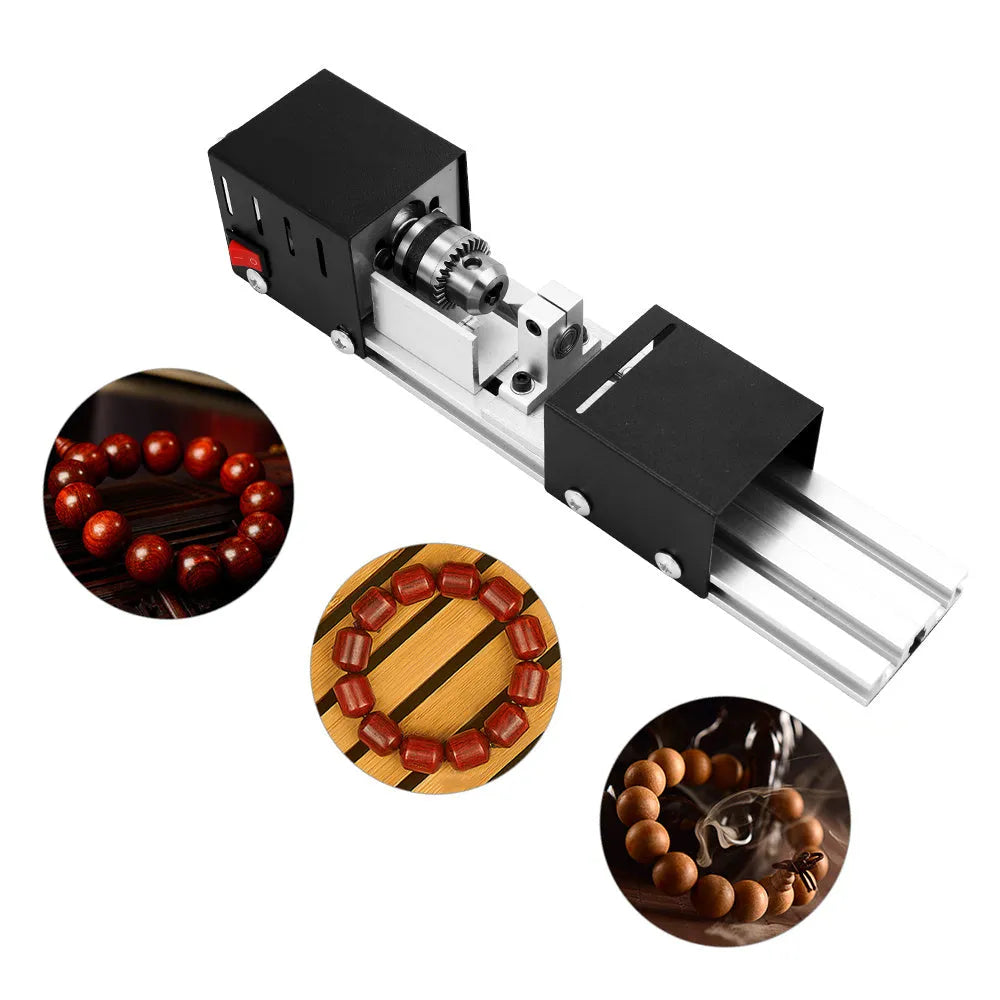 Mini silver metal woodworking lathe with carving knives and accessories for manual turning