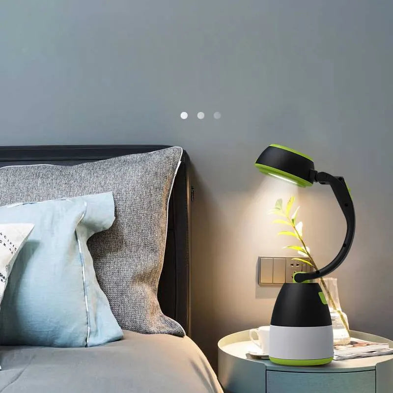 Black green foldable LED lamp with USB port shown in desk, camping, and flashlight modes