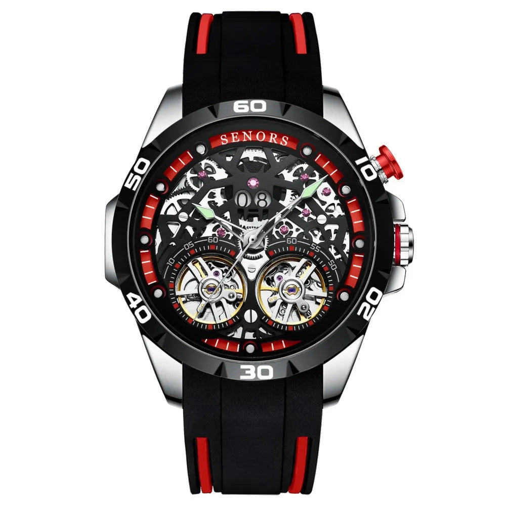Automatic mechanical men's watch with luminous hands and hollow dial design in red or blue