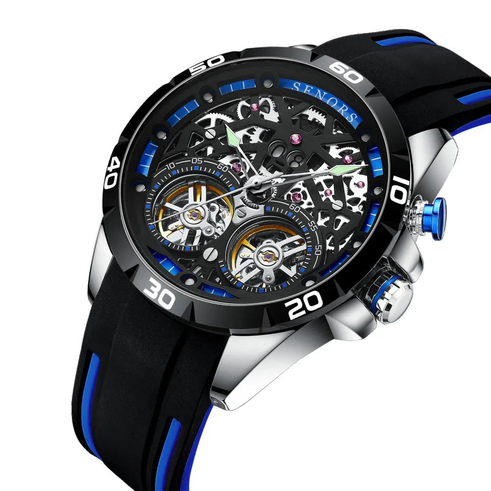 Automatic mechanical men's watch with luminous hands and hollow dial design in red or blue