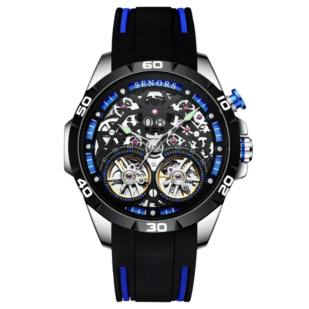 Automatic mechanical men's watch with luminous hands and hollow dial design in red or blue