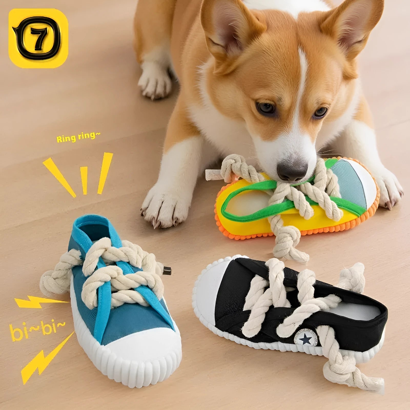 Plastic dog chew toy with sound squeaker in bendable slipper design for dental care