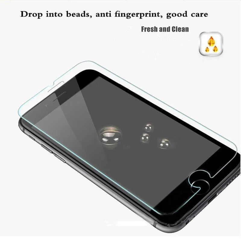 Tempered glass screen protector with 9H hardness for mobile phones on a clean background.
