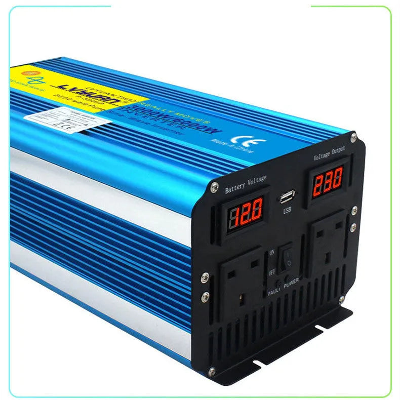 Blue 3000W pure sine wave power inverter with digital display and UK socket