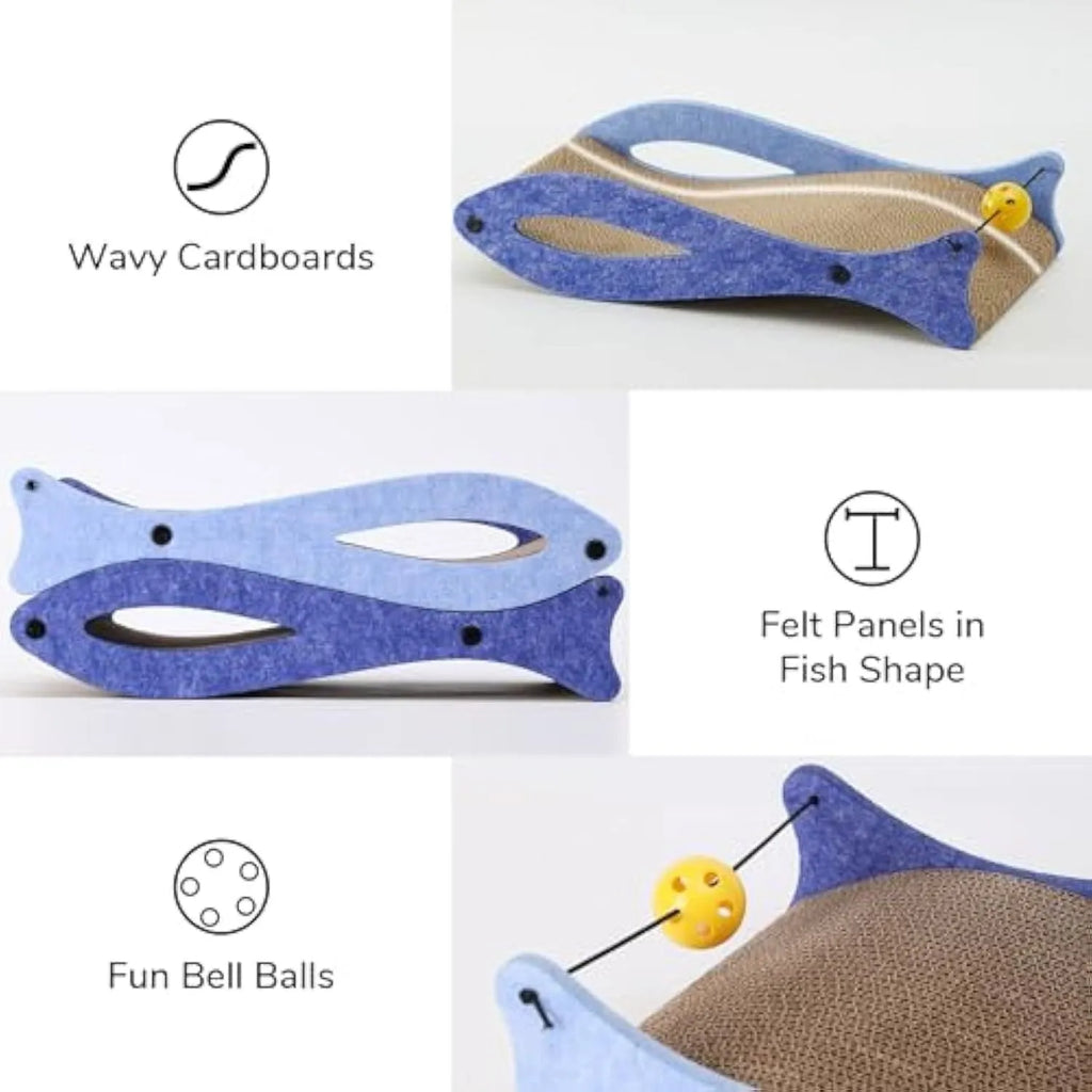 Blue fish-shaped cardboard cat scratcher lounge with bell ball toys on an elastic cord.