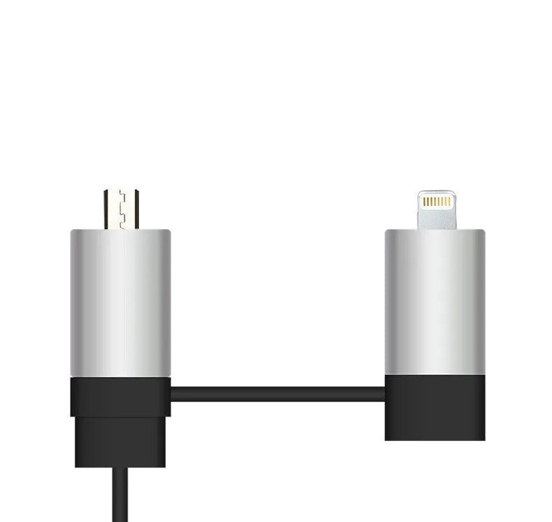 Black and gold dual USB car charger with retractable cable shown plugged into vehicle socket
