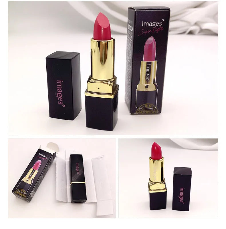 3.8g moisturising lipstick in stick format showing 10 colour options from coral red to retro red