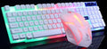 GTX300 black and white gaming keyboard and mouse set with backlit lighting on desk